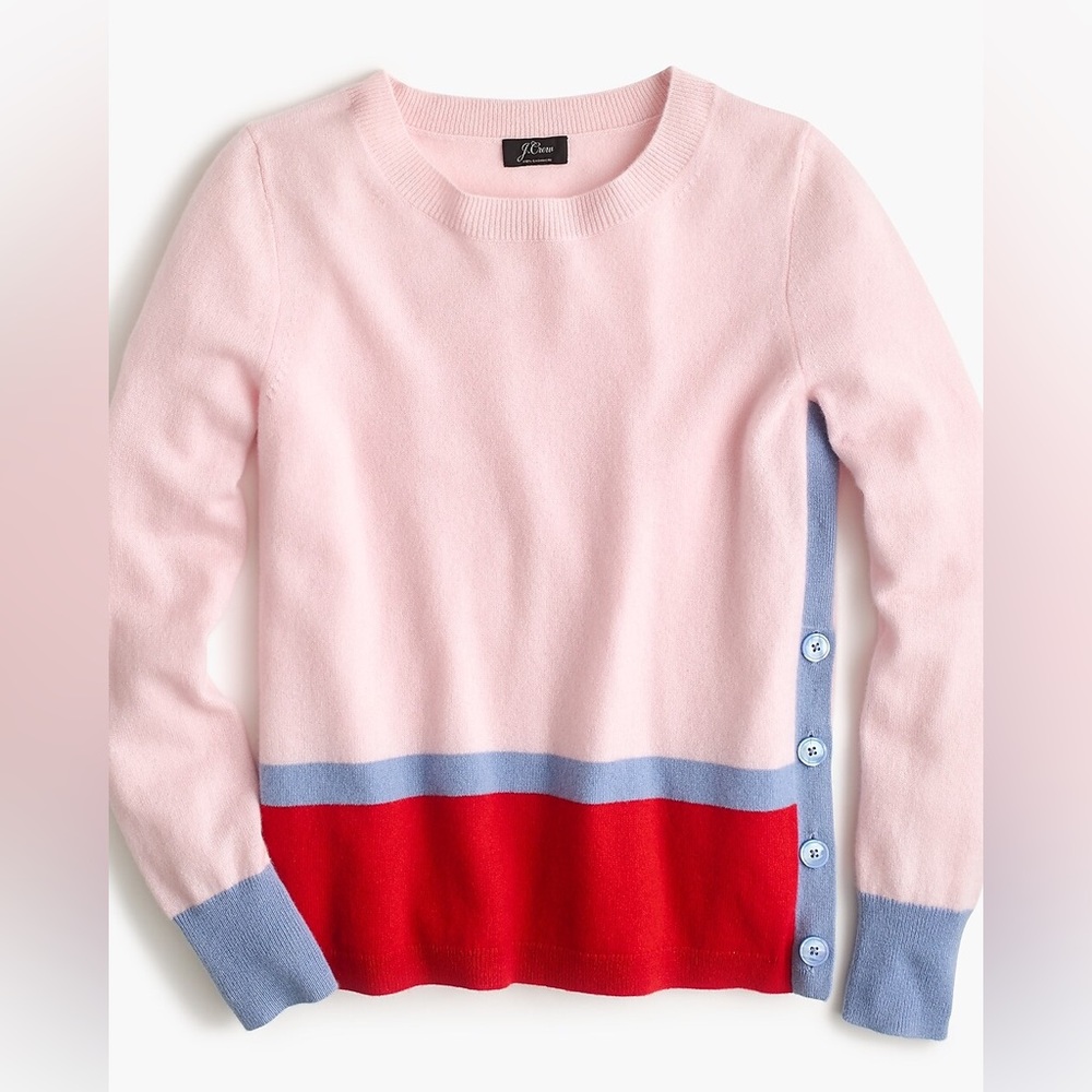 J.Crew Long-sleeve cashmere crewneck sweater with side buttons pink blue red XXS